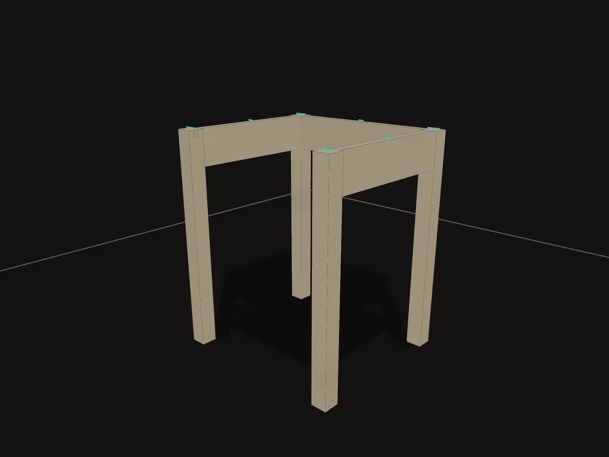 The real GrainDraft viewport showing Neutral Wood aprons joined to four legs with validated mortise-and-tenon geometry.