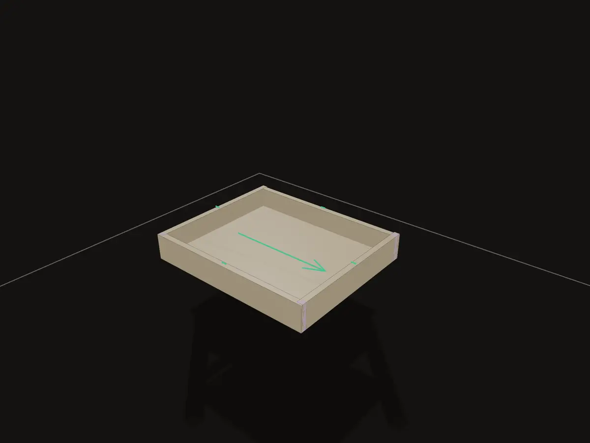 The real GrainDraft viewport showing the four-wall drawer and its quarter-inch bottom seated in two dados.