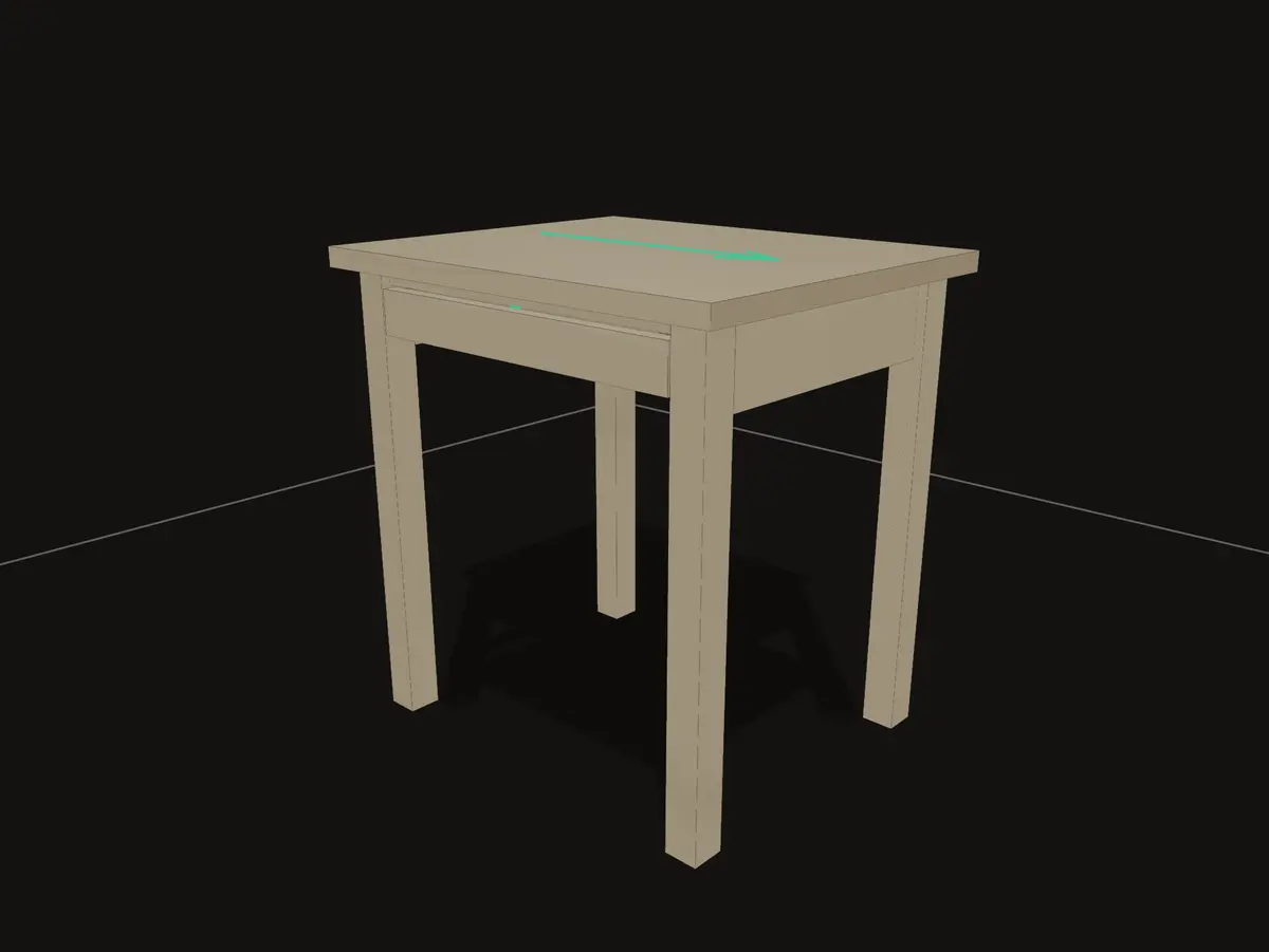 The real GrainDraft viewport showing the validated wide table used by the material-aware cut list.